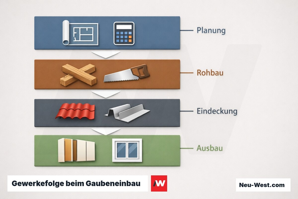 Gewerkefolge beim Gaubeneinbau — Ablaufphasen – Erklär-Grafik (NEUWEST Berlin)