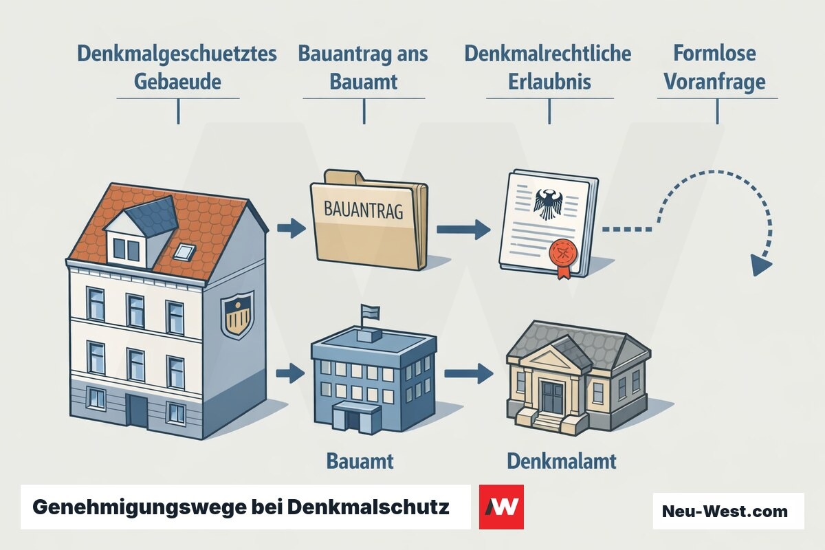 Ablaufdiagramm: denkmalgeschütztes Berliner Gebäude mit Gaube, getrennte Wege für Bauantrag ans Bezirksamt und denkmalrechtliche Erlaubnis plus formlose Voranfrage.