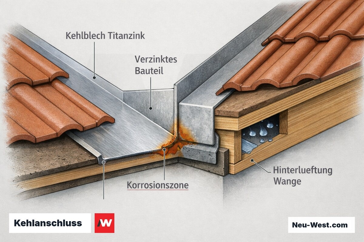 Cutaway einer Dachkehle: Titanzink-Kehlblech neben verzinktem Bauteil, Korrosionszone am Kontakt und fehlende Hinterlüftung der Wange mit Staunässe.