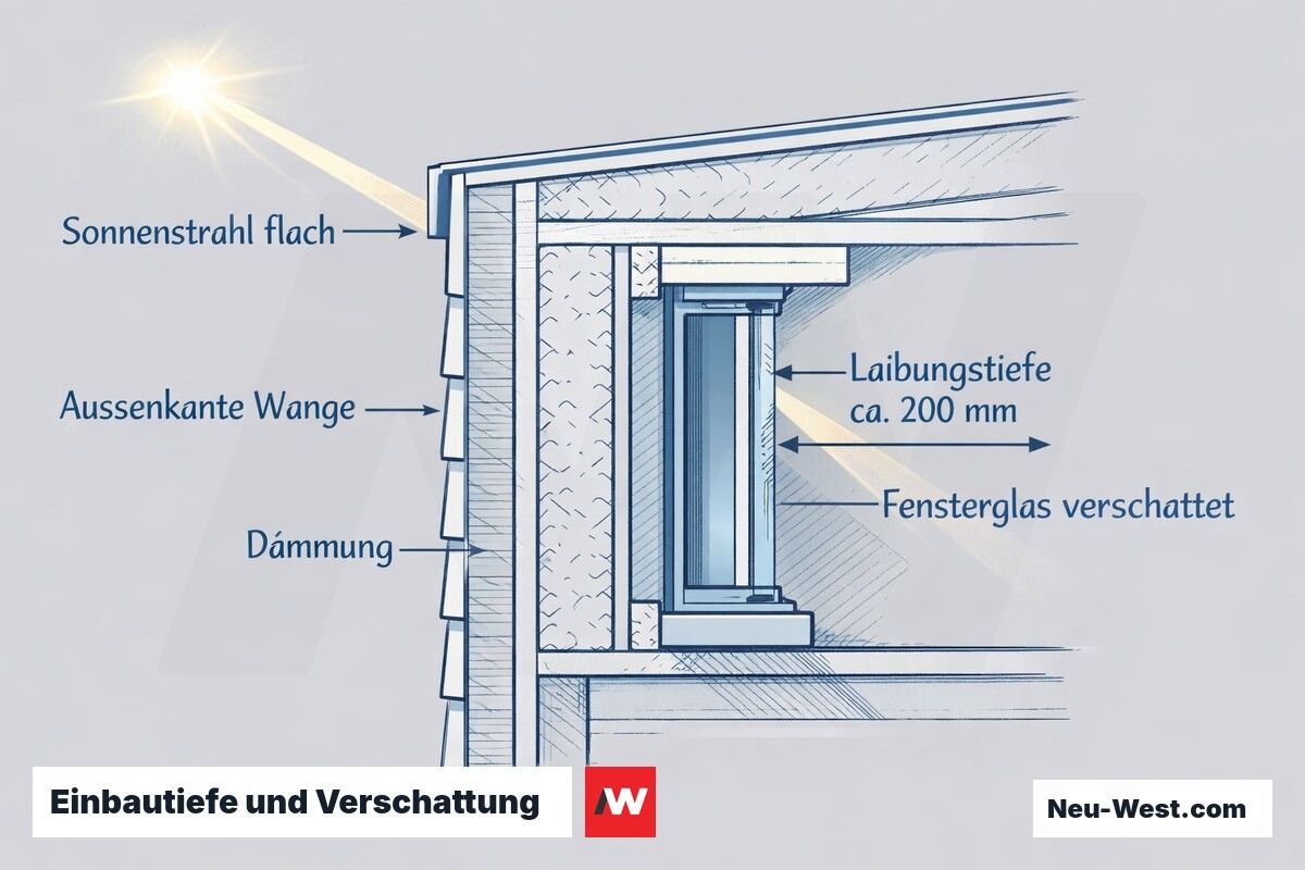 Querschnitt einer Gaubenwange mit tief eingebautem Fenster; flacher Sonnenstrahl wird durch die Laibung verschattet, Bemaßung der Einbautiefe.