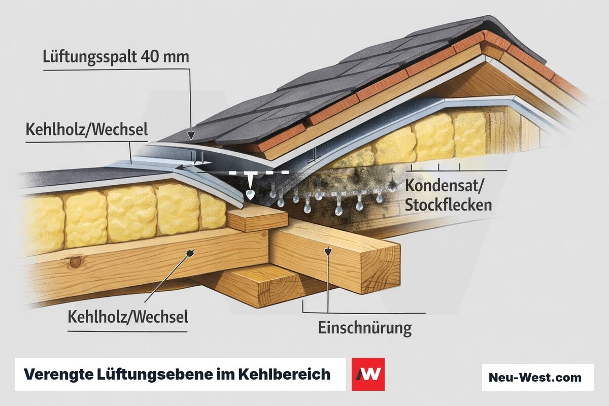 Querschnitt eines Kaltdachs: zu hohes Kehlholz verengt den 40-mm-Lüftungsspalt, Kondensat und Stockflecken an der Dachinnenseite im Kehlbereich.