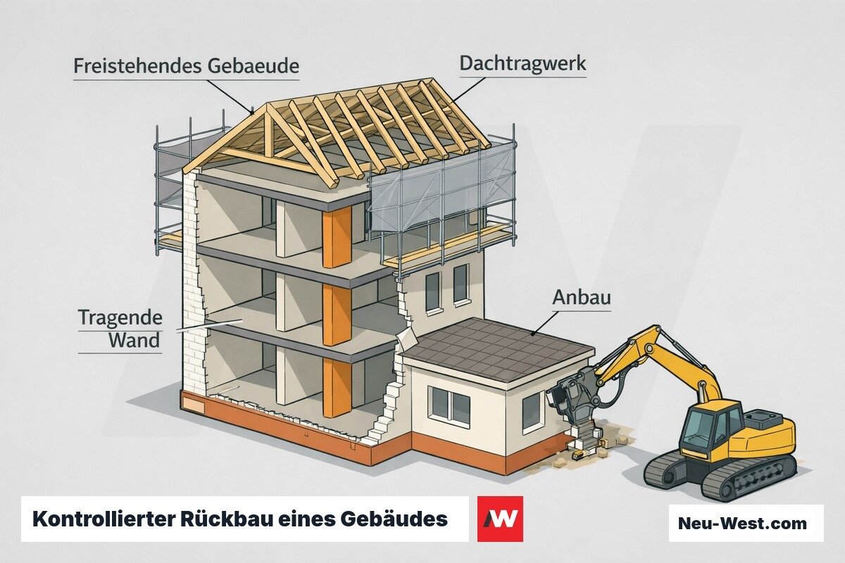 Cutaway eines freistehenden Gebäudes mit Anbau, Dachtragwerk und tragenden Wänden beim kontrollierten Rückbau mit Bagger.