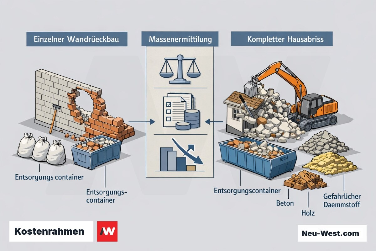 Vergleichs-Querschnitt: einzelner Wandrückbau links, kompletter Hausabriss rechts, mit Entsorgungscontainer und Massenermittlung als Kostentreiber.