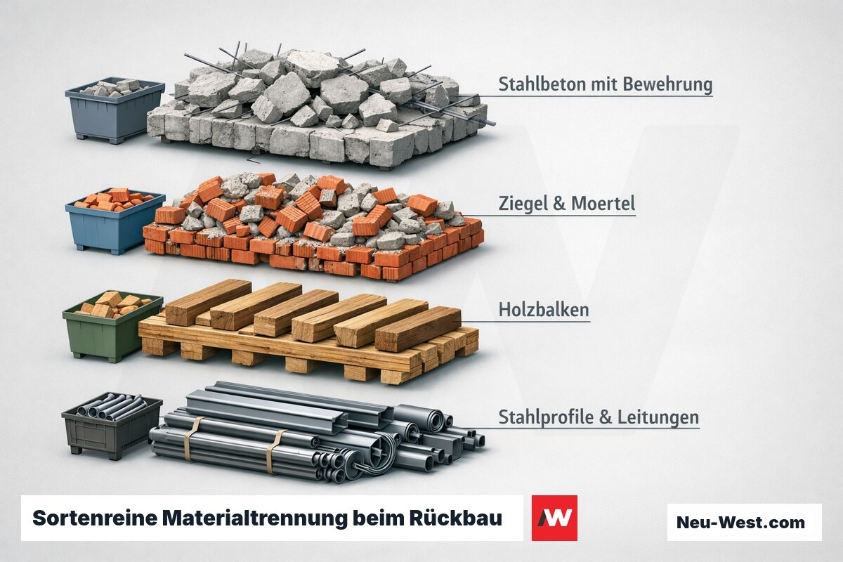 Schichtdiagramm der sortenreinen Materialfraktionen beim Rückbau: Stahlbeton mit Bewehrung, Ziegel, Holzbalken und Stahlprofile getrennt zurückgewonnen.