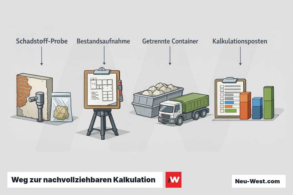 Prozessdarstellung: Schadstoffprobe, Bestandsaufnahme, getrennte Entsorgungscontainer und getrennte Kalkulationsposten für Abbruch, Transport und Entsorgung.