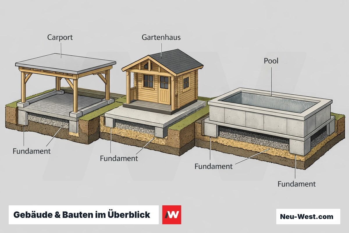 Cutaway-Illustration eines Grundstücks mit Carport, Gartenhaus und Pool, jeweils mit sichtbarem Fundament und tragender Konstruktion.