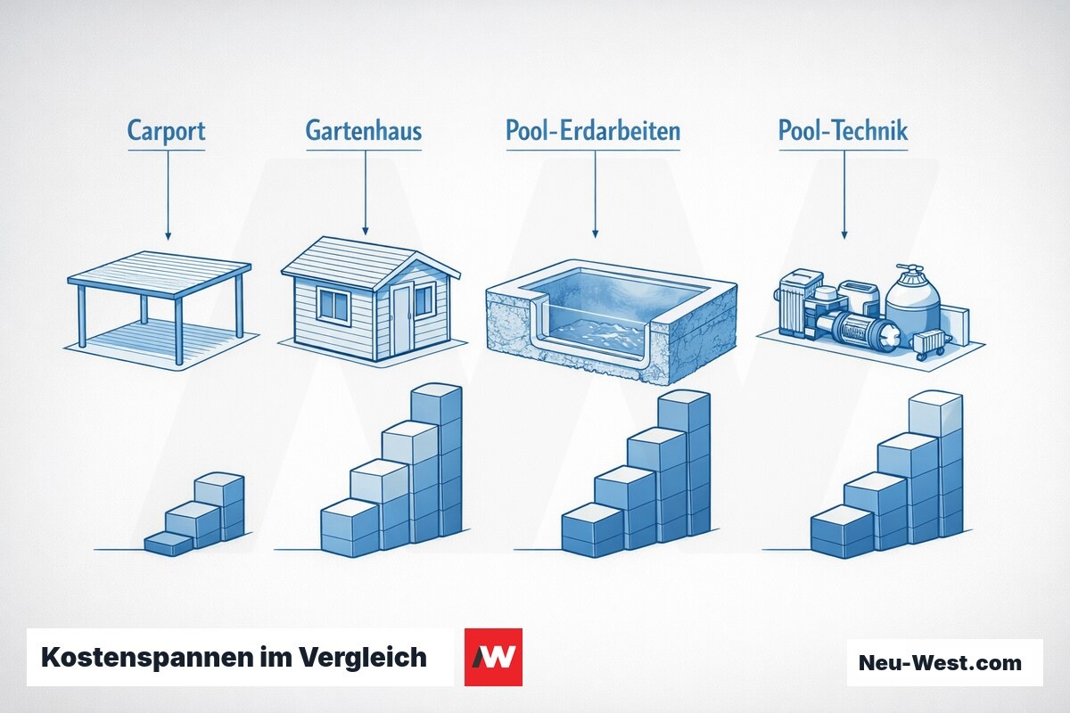 Vergleichsgrafik dreier Bauwerke Carport, Gartenhaus und Pool mit steigenden Kostenspannen und Pool-Querschnitt mit Erdarbeiten und Technik