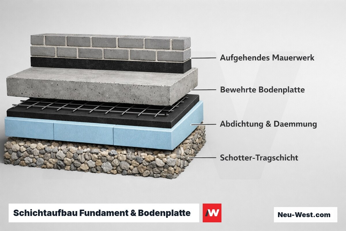 Schnittdiagramm eines Fundaments mit Schotterschicht, Abdichtung, Dämmung, bewehrter Bodenplatte und aufgehendem Mauerwerk als Schichtaufbau.