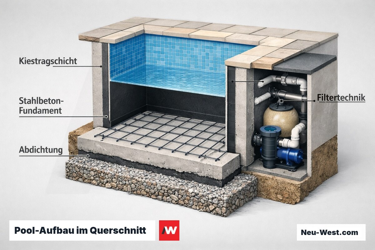 Querschnitt eines Pools: Kiestragschicht, Stahlbeton-Fundament mit Bewehrung, Abdichtung, geflieste Wand und Filtertechnik.