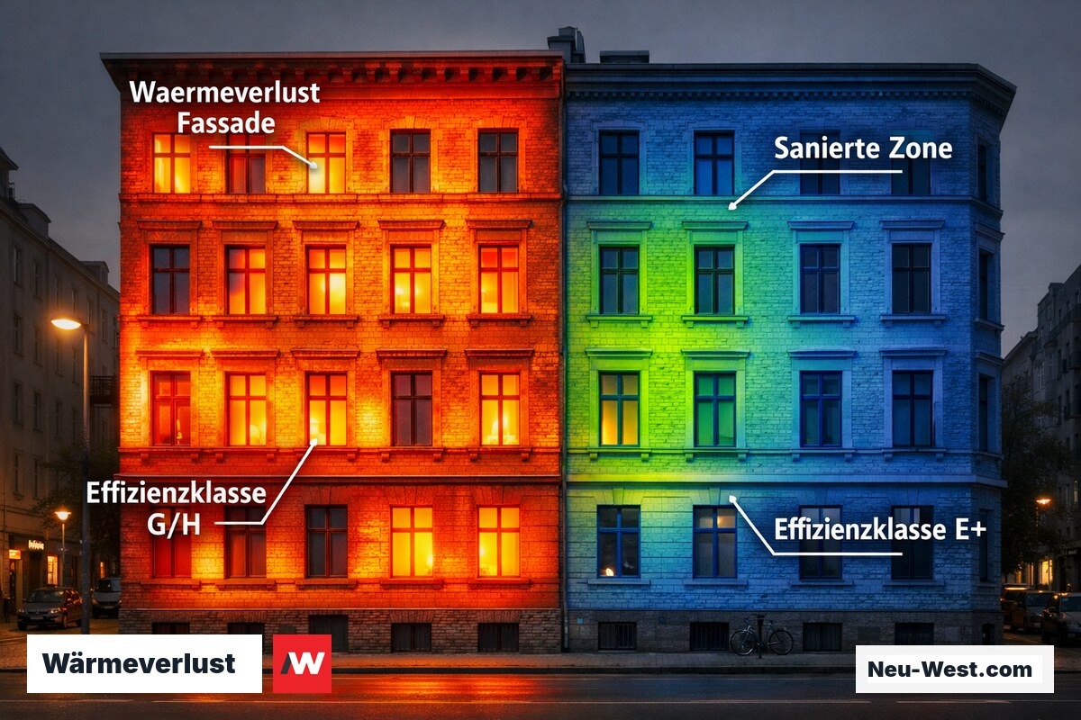 Thermalbild eines Berliner Altbaus zeigt massiven Wärmeverlust (rot) an unsanierter Fassade im Vergleich zur sanierten Gebäudehälfte (blau).