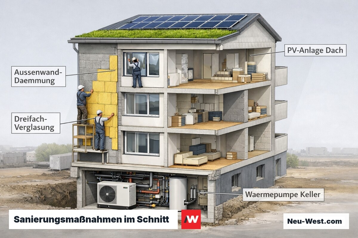 Querschnitt eines Mehrfamilienhauses zeigt alle typischen GMG-Sanierungsmaßnahmen: Dämmung, Fenster, Wärmepumpe und Photovoltaik.