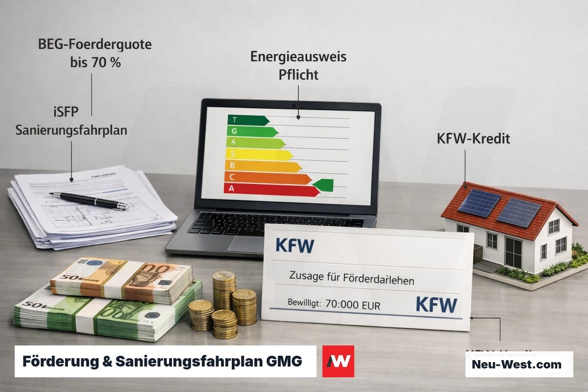 Schreibtisch mit Energieausweis, KfW-Förderunterlagen und Gebäudemodell symbolisiert Finanzierungsweg der GMG-Sanierungspflicht.