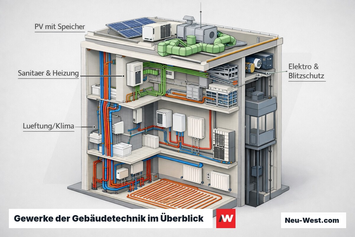 Isometrischer Gebäudeschnitt zeigt TGA-Gewerke: Sanitär, Heizung, Lüftung, Elektro mit Blitzschutz, Photovoltaik mit Speicher und Aufzug.
