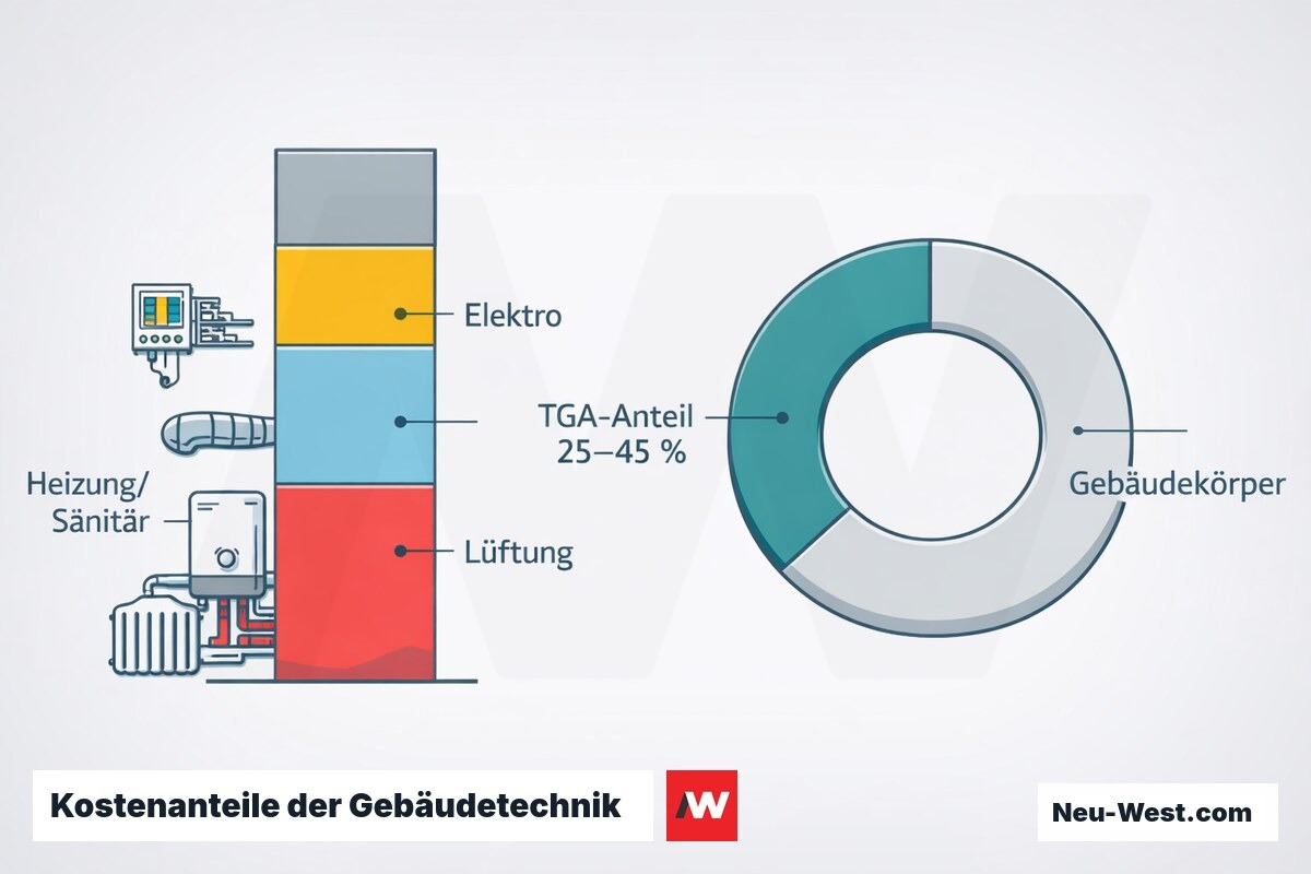 Diagramm der TGA-Kostenanteile: Heizung, Lüftung und Elektro als Balken sowie TGA-Anteil von 25 bis 45 Prozent an den Baukosten.