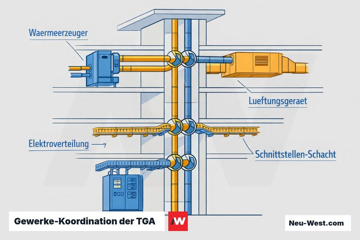 Schema zeigt Koordination der TGA-Gewerke Heizung, Lüftung und Elektro über einen gemeinsamen Installationsschacht mit Schnittstellen.