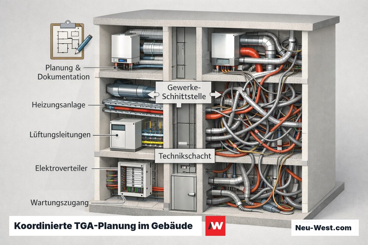 Gebäude-Querschnitt zeigt koordinierte TGA-Planung mit Technikschacht, Schnittstellen zwischen Gewerken, Dokumentation und Wartungszugang.