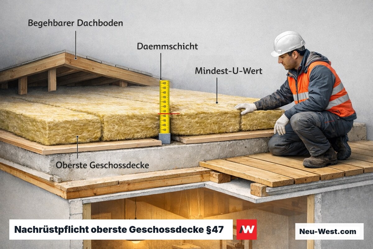 Querschnitt eines Dachbodens mit einzubauender Wärmedämmung auf der obersten Geschossdecke, sichtbare Dämmlagen und Holzbalken