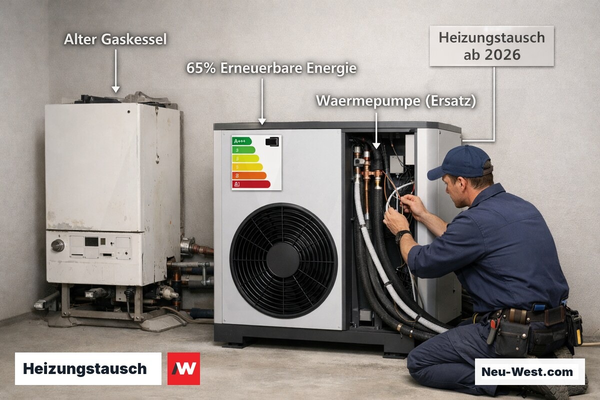 Kellertechnikraum mit neuer Wärmepumpe neben ausgebautem altem Gaskessel, Techniker bei der Installation