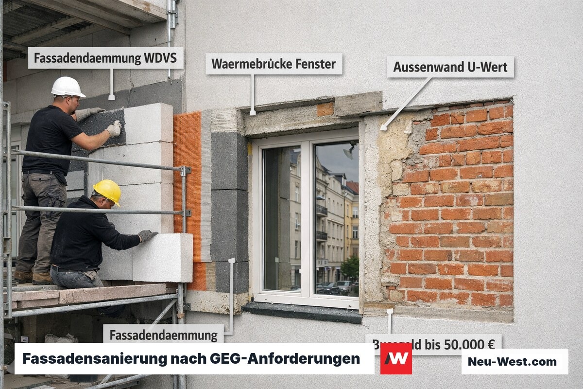Berliner Altbau mit Fassadengerüst und aufgebrachten Wärmedämmplatten, Bauarbeiter auf Gerüst bei der Montage
