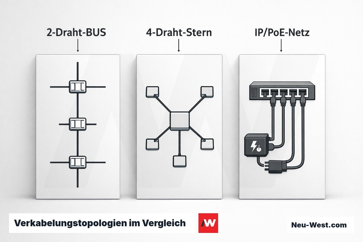 Verkabelungstopologien im Vergleich: 2-Draht-BUS, 4-Draht-Stern, IP/PoE – Erklär-Grafik (NEUWEST Berlin)