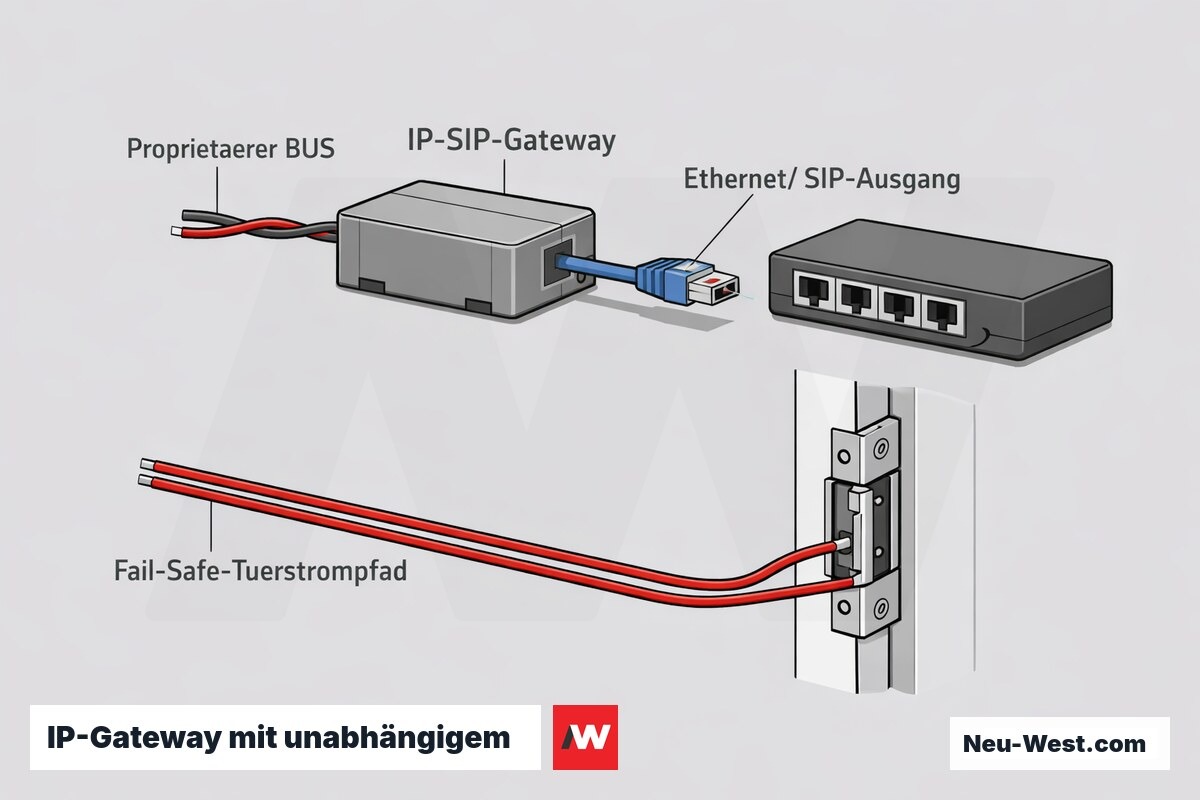 Cutaway-Grafik: Gegensprech-BUS wird im IP-Gateway zu SIP übersetzt, während ein separater Fail-Safe-Türstrompfad das Gateway umgeht.