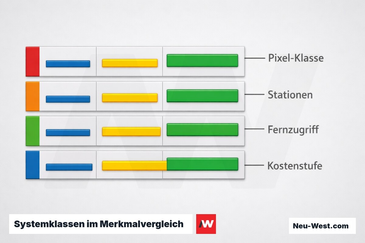 Systemklassen im Merkmalvergleich: Analog, Digital-BUS, SIP-IP-Video – Erklär-Grafik (NEUWEST Berlin)