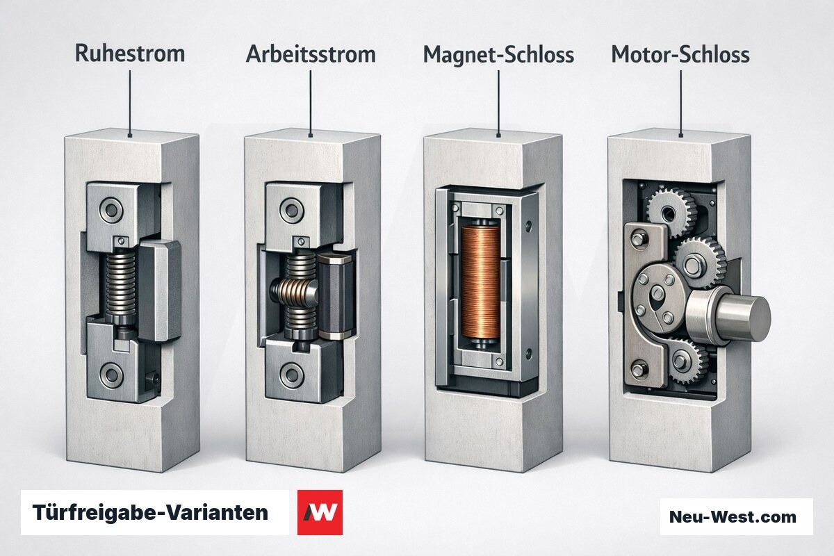 Türfreigabe-Varianten: Ruhestrom-Öffner, Arbeitsstrom-Öffner, Elektromagnetschloss, Motorschloss – Erklär-Grafik (NEUWEST Berlin)