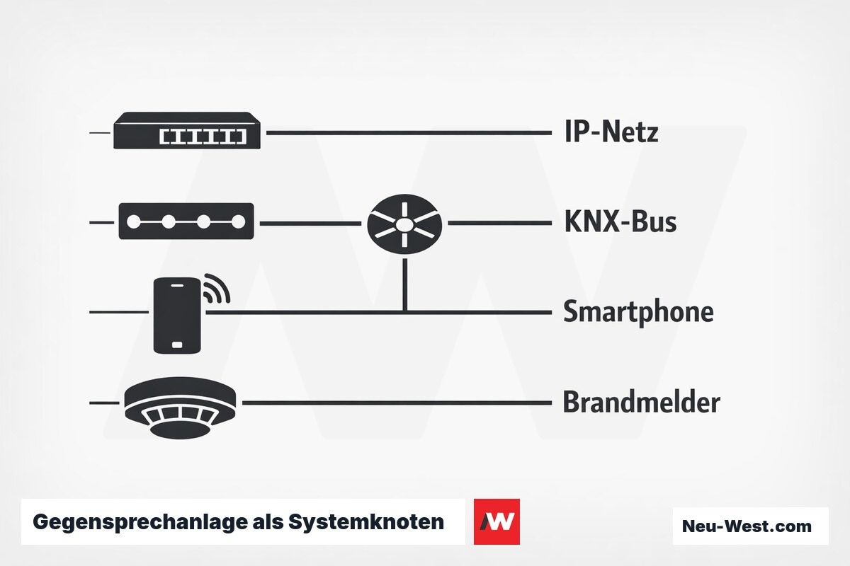 Gegensprechanlage als Systemknoten: IP-LAN, KNX-Bus, Mobil-App, Brandmeldeanlage – Erklär-Grafik (NEUWEST Berlin)