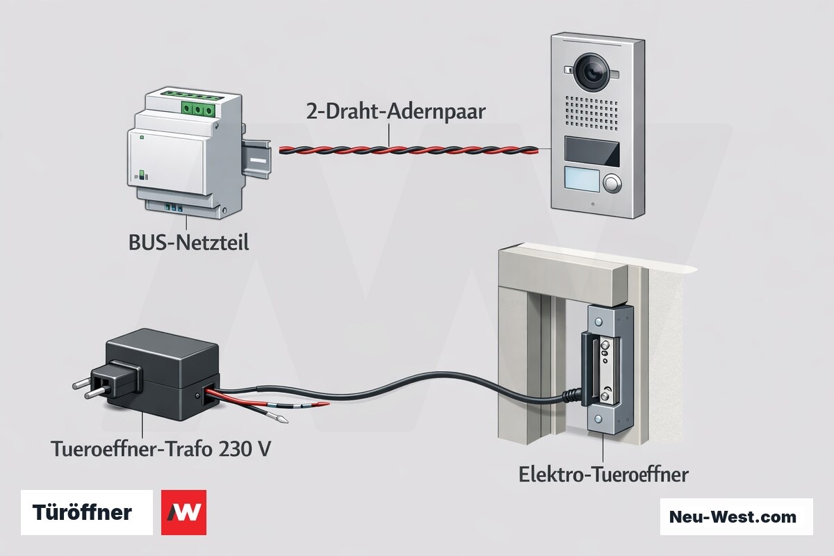 Cutaway-Schema: BUS-Netzteil über Adernpaar mit Türstation, separater 230-V-Trafo speist den Elektro-Türöffner wegen hohem Einschaltstrom.