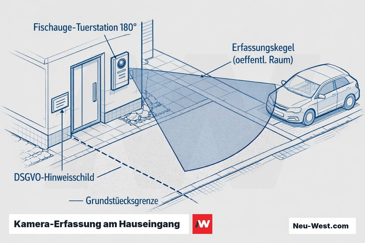Grundriss-Grafik: Fischaugenkamera einer Türstation erfasst über die Grundstücksgrenze hinaus öffentlichen Gehweg; Pflicht-Hinweisschild am Eingang.