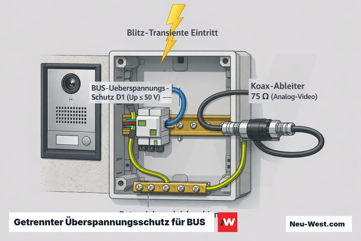 Querschnitt Außenstation: BUS-Leitung mit D1-Überspannungsschutz und separater 75-Ω-Koax-Ableiter, beide am Potenzialausgleich, mit einschlagender Blitz-Transiente.