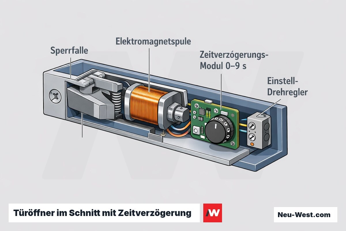 Schnitt-Illustration eines elektrischen Türöffners mit Sperrfalle, Elektromagnetspule und einstellbarem Zeitverzögerungs-Modul (0–9 s) im Türrahmen.