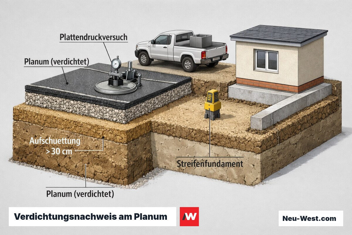 Querschnitt eines verdichteten Planums mit Plattendruckversuch unter Straße und Fundament, Aufschüttung über 30 cm.
