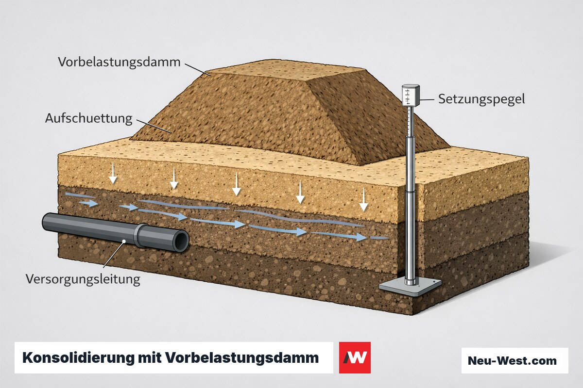 Querschnitt einer Aufschüttung mit Vorbelastungsdamm, Setzungspegel und Versorgungsleitung zur Konsolidierungskontrolle vor Lastfreigabe.
