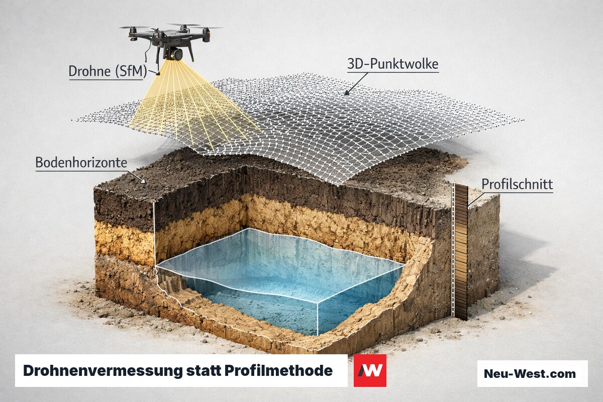 Erklaer-Grafik: Drohne erzeugt 3D-Punktwolke ueber Baugrube mit drei Bodenhorizonten, verglichen mit klassischem Profilschnitt zur Massenermittlung.