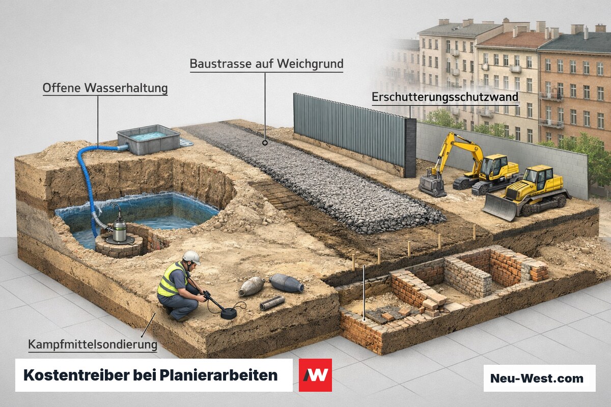 Querschnitt einer Berliner Planierbaustelle mit Wasserhaltung, Baustraße auf Weichgrund, Erschütterungsschutz und Kampfmittelsondierung als Kostentreiber.
