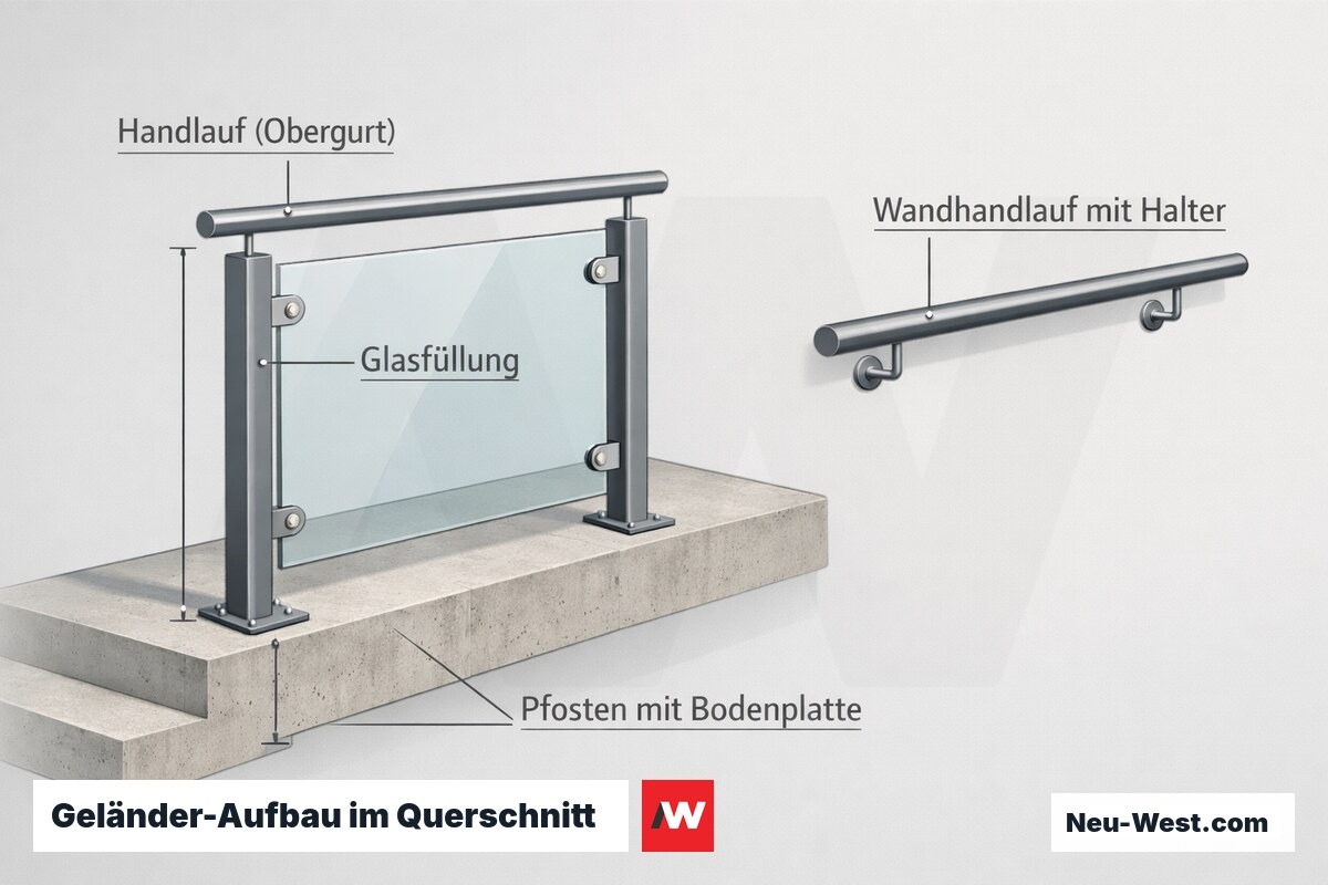 Querschnitt eines Geländers mit Pfosten, Bodenplatte, Handlauf, Glasfüllung und separatem Wandhandlauf an einer Treppe.