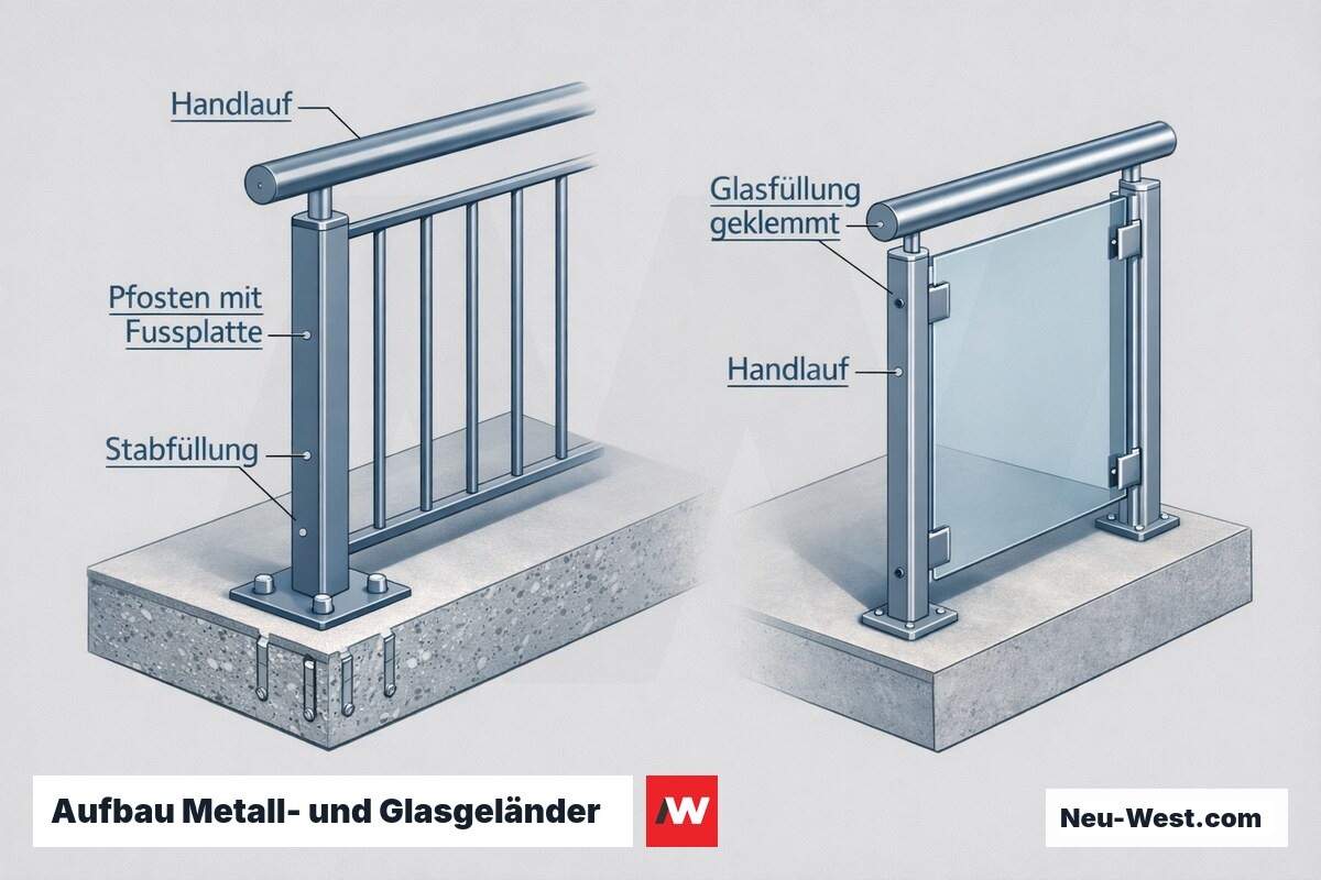 Querschnitt-Diagramm eines Metallgeländers mit Pfosten, Fußplatte und Stabfüllung im Vergleich zu einer geklemmten Glasfüllung.