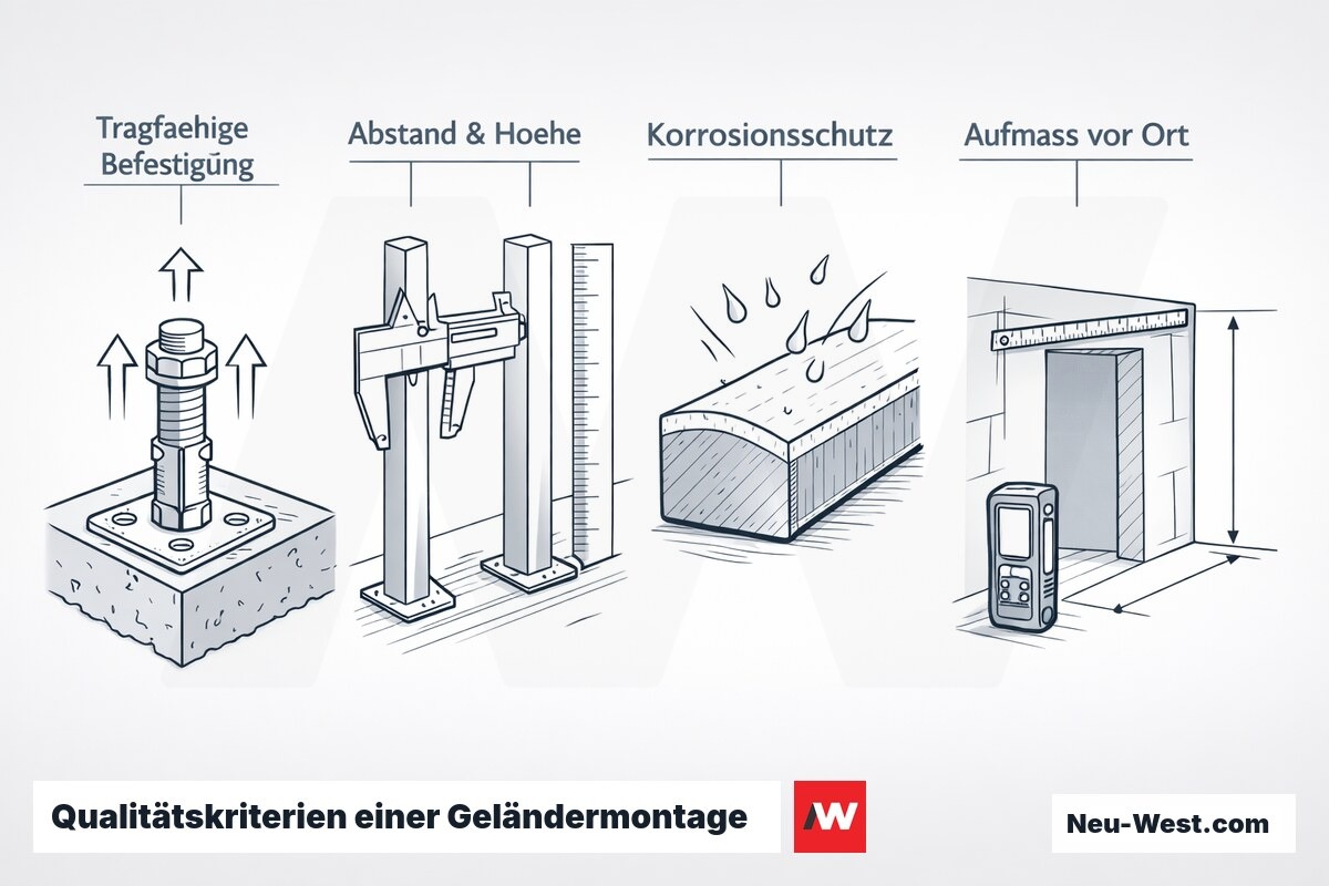 Vier technische Panels zeigen Befestigungsanker, Höhen- und Abstandsmessung, verzinkten Korrosionsschutz und Aufmaß vor Ort eines Metallgeländers.