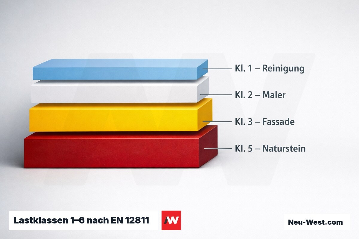 Lastklassen 1–6 nach EN 12811: Flächenlasten und Anwendung – Erklär-Grafik (NEUWEST Berlin)
