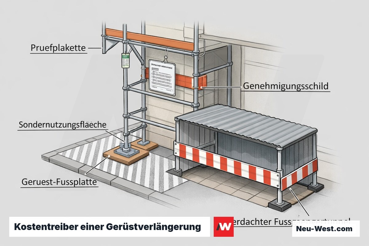 Erklär-Illustration eines Baugerüsts auf Berliner Gehweg mit Sondernutzungsfläche, Prüfplakette, Genehmigungsschild und Fußplatte als Kostentreiber.