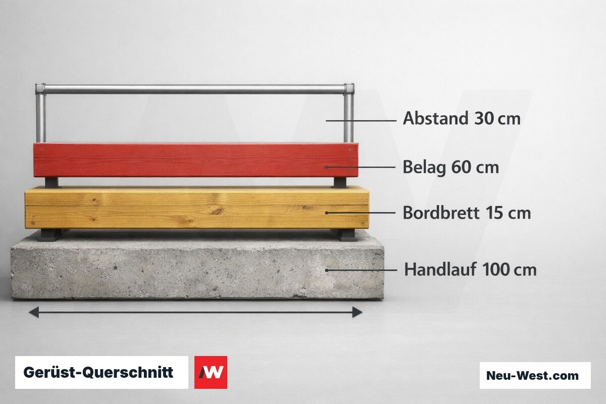 Gerüst-Querschnitt: Normmaße nach EN 12811-1 – Erklär-Grafik (NEUWEST Berlin)