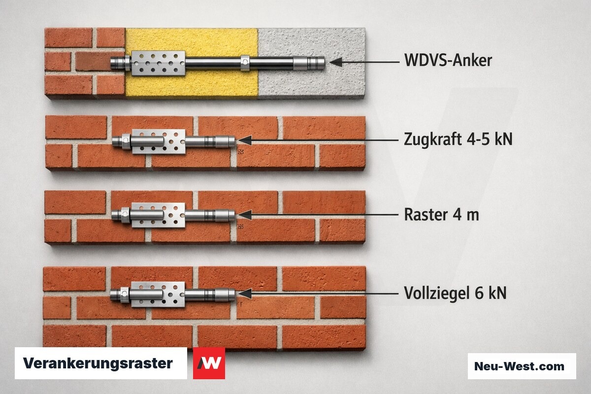 Verankerungsraster: Abstände und Zugkräfte nach EN 12811 – Erklär-Grafik (NEUWEST Berlin)