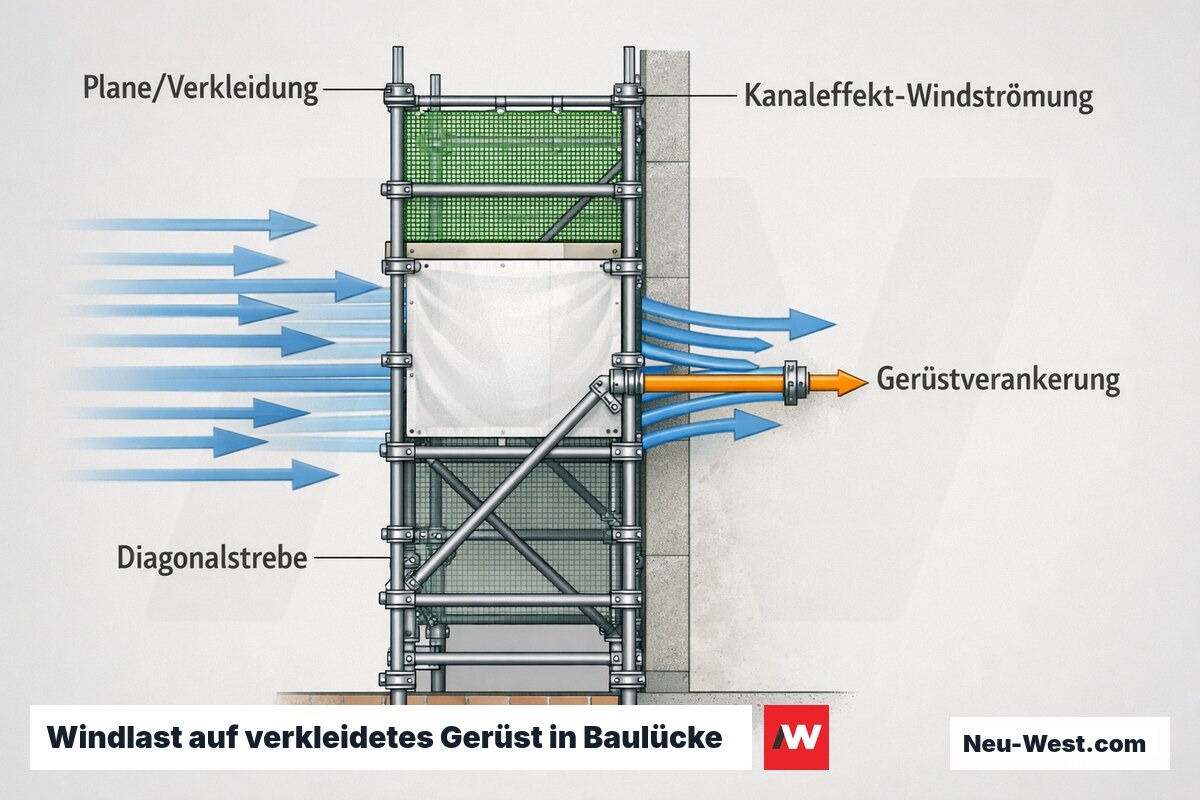 Querschnitt eines verkleideten Gerüsts in einer Baulücke: Kanaleffekt-Wind trifft auf Plane und erhöht die Last auf die Gerüstverankerung.
