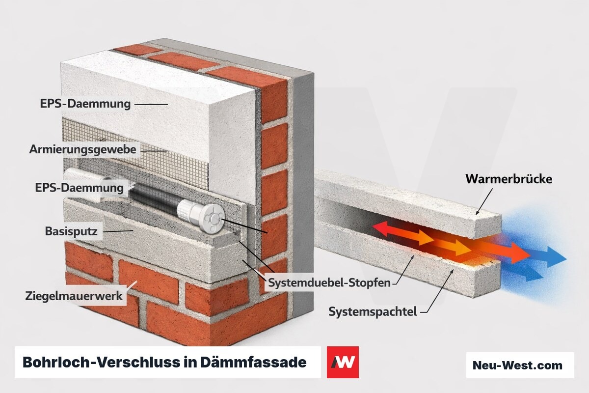 Querschnitt einer gedämmten Fassade mit fachgerecht verschlossenem Gerüst-Bohrloch und Wärmebrücke durch unsachgemäßen Verschluss.
