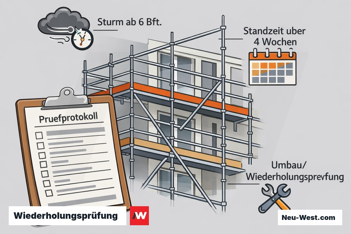 Erklär-Illustration zur Gerüst-Wiederholungsprüfung nach DGUV Vorschrift 38 mit Prüfprotokoll und Auslösern wie Sturm, Standzeit und Umbau.