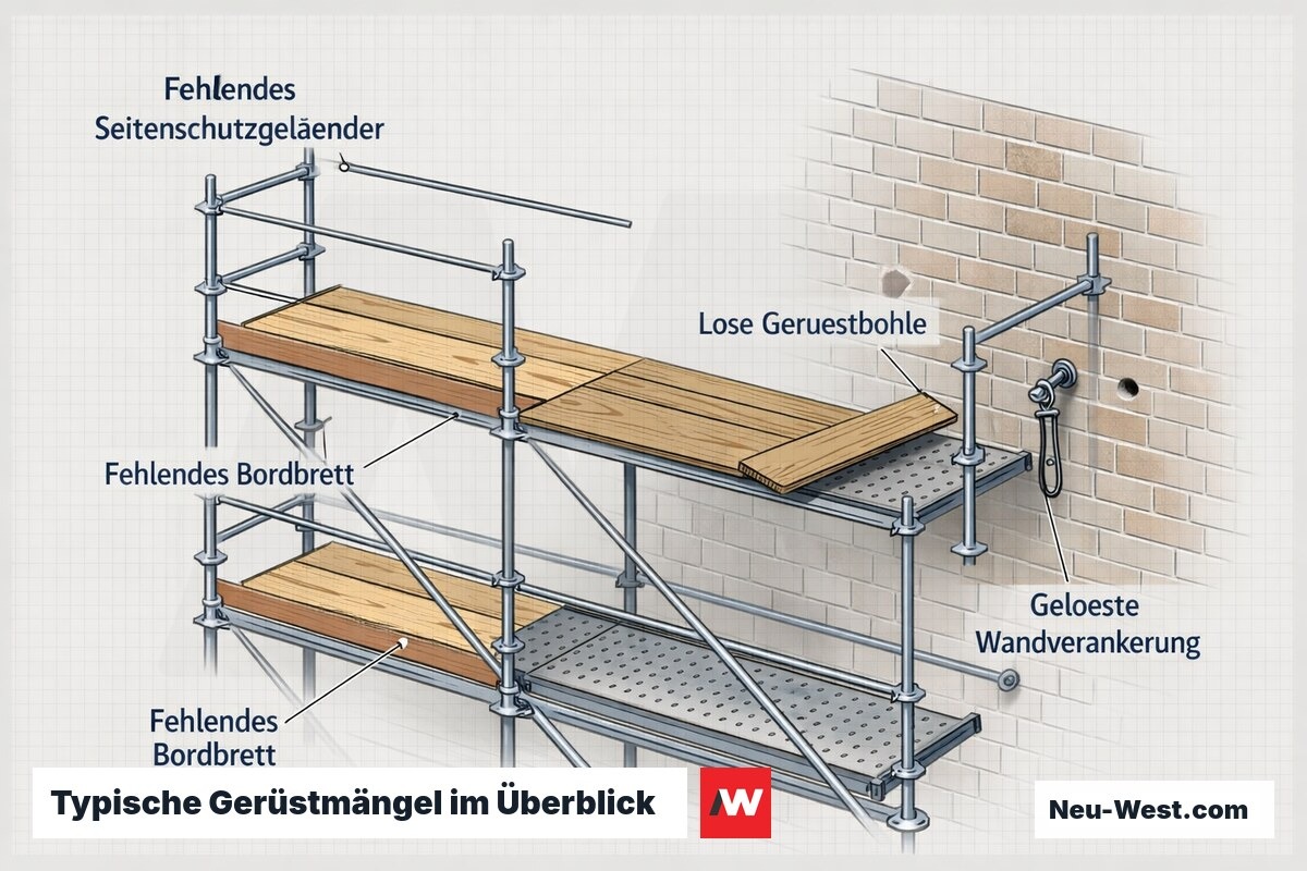 Erklär-Illustration eines Fassadengerüsts mit typischen Mängeln: fehlendes Geländer, fehlendes Bordbrett, lose Bohle und gelöste Wandverankerung.