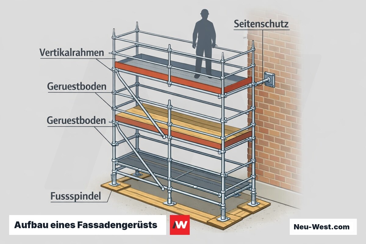 Cutaway-Illustration eines Fassadengerüsts mit Vertikalrahmen, Gerüstboden, Seitenschutz und Fußspindel an einer Hauswand.