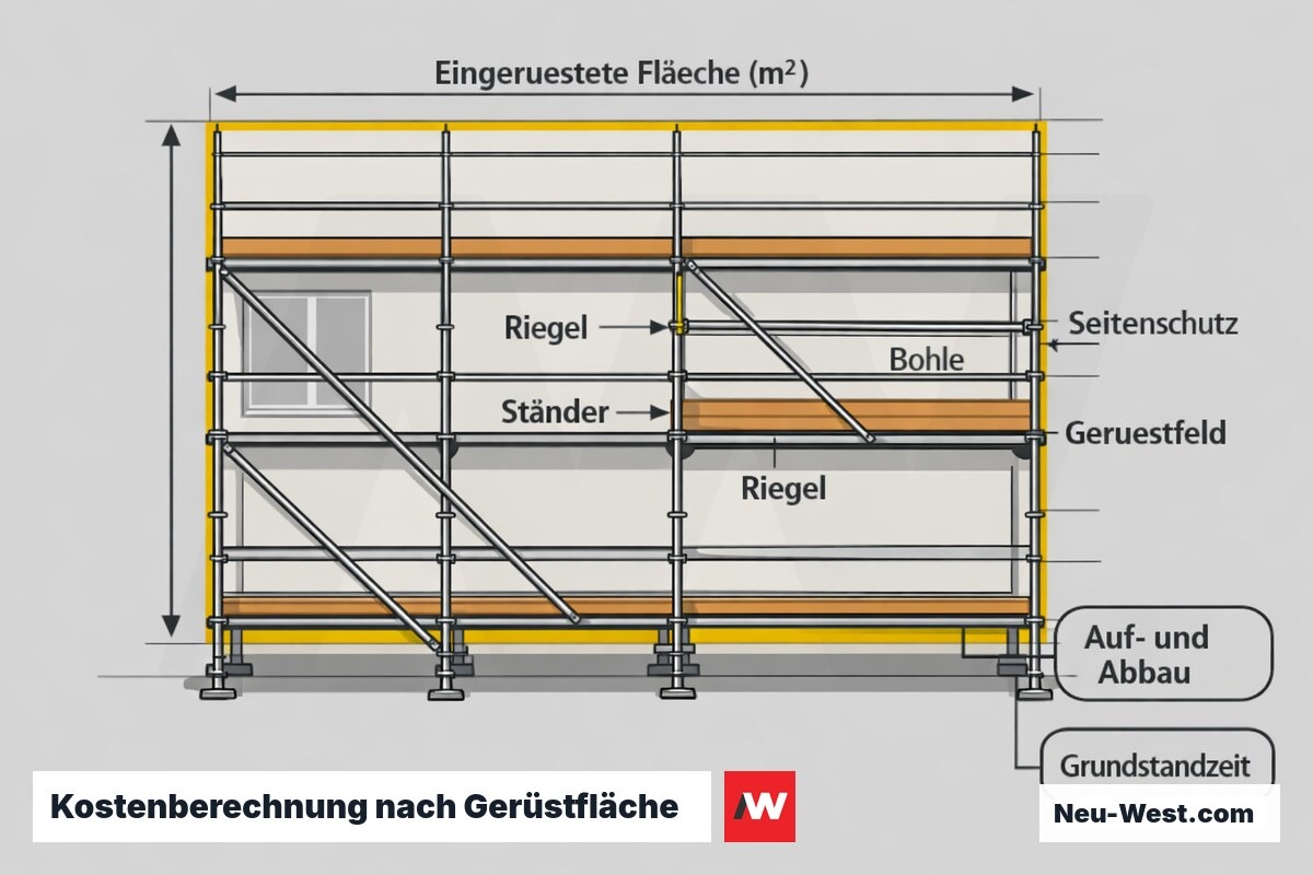 Diagramm einer eingerüsteten Fassade mit Flächenraster zur Berechnung der Gerüstkosten pro Quadratmeter, Gerüstfeld und Standzeit.