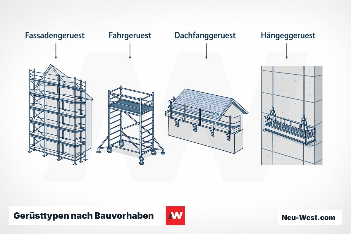 Vergleichsgrafik von vier Gerüstlösungen: Fassadengerüst, Fahrgerüst, Dachfanggerüst und Hängegerüst je nach Bauvorhaben und Gebäudetyp.